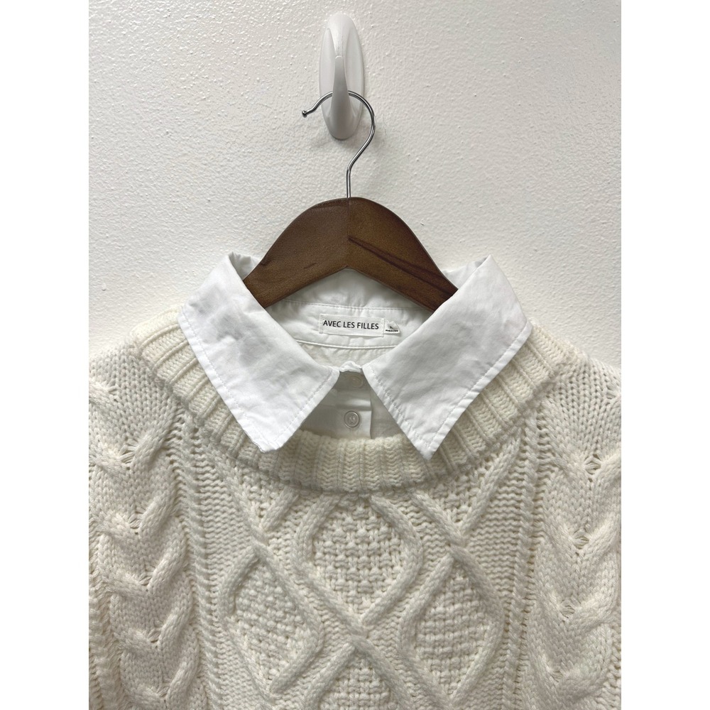 Avec Les Filles Cropped Layered Cable Knit Sweater Ivory M - Picture 2 of 8